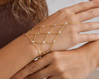 Gold Hand Chain Body Jewelry, 925 Sterling Silver 14K Gold Plated, Statement Hand Harness Bracelet, Boho Festival Jewelry