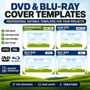 May include: A promotional graphic for DVD and Blu-ray cover templates. The design features four template examples, including Standard DVD, Slim DVD, and Blu-ray options. Text highlights features like print readiness and high resolution. The background shows a green landscape.