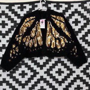 Handmade Sequin Butterfly Cropped Cardigan | Aesthetic Knit Shrug | Statement Boho Jacket | Trendy Short Sweater | Gift For Her