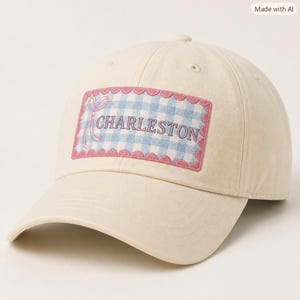 May include: A cream-colored baseball cap featuring a rectangular patch on the front. The patch has a light blue and white gingham pattern, a pink scalloped border, a pink bow graphic, and the word CHARLESTON embroidered in pink lettering.