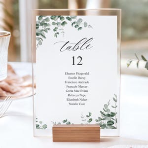Número de mesa de eucalipto para bodas, letrero de recepción con motivos vegetales, tarjeta de lugar editable para decoración de mesas de boda, descarga de Canva Garden.