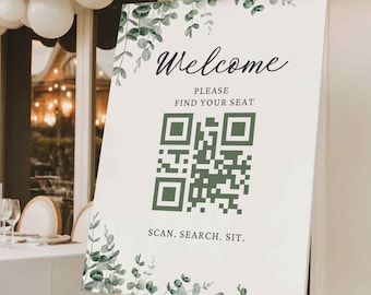 Find Your Seat QR Code Wedding Signage Modern Greenery Wedding Sign Botanical Garden Party Wedding Decor Digital Seating Signage for Wedding