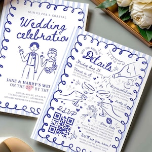 Coastal Wedding Invitation Hand Drawn Doodle Whimsical Scribble Illustration 70's Summer Bride RSVP QR Code Fun Disco Beach Blue Wedding