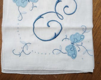 Vintage Handkerchief embroidered stylized "E" accents blue butterflies and vines. Something blue