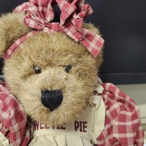 May include: A plush teddy bear with brown fur, wearing a red and white plaid bow and dress. The bear has a black nose and is wearing a dress with the words "WILLIE PIE" on it. The bear is a classic toy.