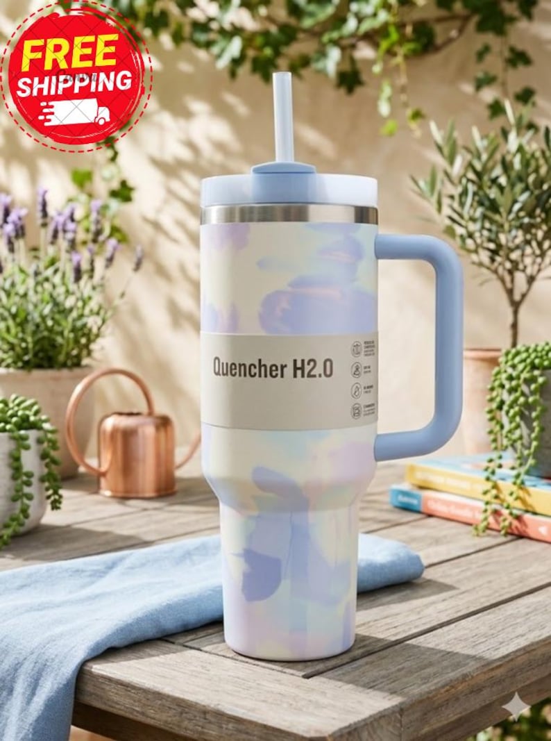 Puede incluir: Un vaso grande y aislado con asa y pajita. El vaso presenta un estampado tie-dye pastel en tonos azules, morados y amarillos. El texto "Quencher H2.0" est&aacute; impreso en el lateral. La tapa y el asa son de color azul claro.
