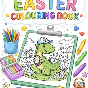 Puede incluir: Un libro para colorear de Pascua con el texto "EASTER COLOURING BOOK". La imagen presenta un dinosaurio con un huevo de Pascua, un arcoíris, crayones y una cesta de huevos. El libro tiene 25 páginas.