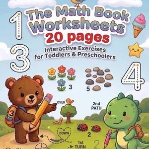 Puede incluir: Un colorido libro de hojas de trabajo para niños titulado "The Math Book Worksheets" con 20 páginas. La portada presenta ilustraciones de dibujos animados de un oso, un dinosaurio y otros personajes amigables, junto con números y símbolos matemáticos.