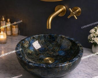 Iryzująca umywalka nablatowa z labradorytu, luksusowa umywalka łazienkowa z kamienia szlachetnego, ręcznie robiona umywalka z kamienia, dekoracja