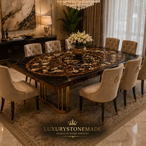 Handmade Black Marble Rectangle Dining Table Top Gemstone Inlay Luxury Decor Statement Design