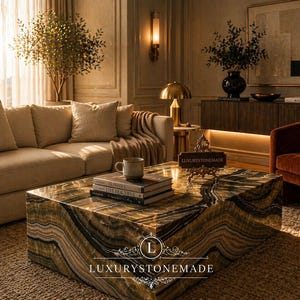 Könnte beinhalten: Ein luxuriöses Wohnzimmer mit einem großen, rechteckigen Couchtisch aus einem einzigartigen, gemusterten Stein. Der Tisch ist der Mittelpunkt, ergänzt durch ein beiges Sofa, einen rostfarbenen Sessel und einen Holzschrank. Der Raum ist von warmem, natürlichem Licht durchflutet.