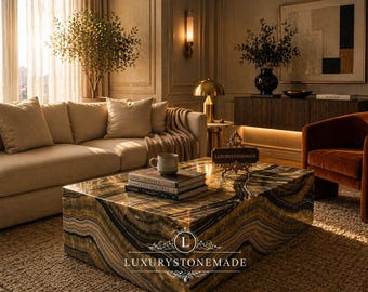 Black Rainbow Onyx Coffee Table Large Rectangular Stone Plinth Luxury Minimalist Furniture Centerpiece