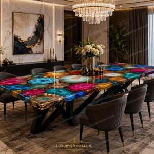 Luxury Agate Epoxy Rectangle End Table Handmade Colorful Gemstone Resin Modern Accent Furniture Decor