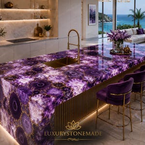 Purple Agate Kitchen Counter Luxury Gemstone Island Handmade Crystal Countertop Modern Bar Table Statement Design