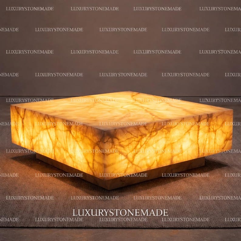 Premium backlit white onyx coffee table featuring natural gemstone slab with polished crystal texture and glowing translucent mineral bands designed for penthouse interiors and high end living rooms across the United States. Elegant illuminated onyx stone creates striking architectural centerpiece furniture for designer homes.