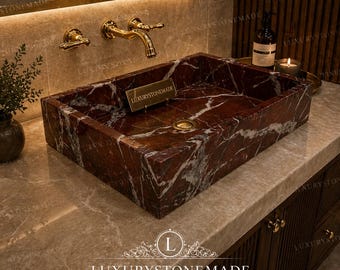 Rosso Levanto Marble Vessel Sink Rectangular Red White Stone Basin Luxury Bathroom Vanity