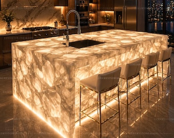 Encimera de cuarzo blanco iluminada hecha a mano, isla de cocina de lujo con iluminación, superficie de losa de piedra retroiluminada