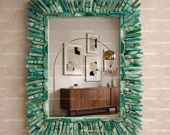 Luxury Green Malachite Stone Mirror Handmade Crystal Wall Decor Bohemian Designer Statement Furniture
