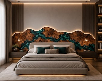Luxury Live Edge Burl Wood Emerald Epoxy River Headboard Handmade Custom Luxury Bedroom Furniture