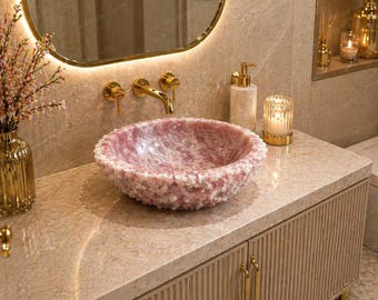 Custom Rose Quartz Wash Basin Vanity Top Hand Carved Crystal Sink Luxury Decor