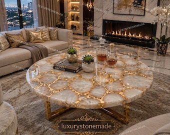 Handcrafted White Agate Round Coffee Table Top Natural Gemstone Art Decor Luxury Surface