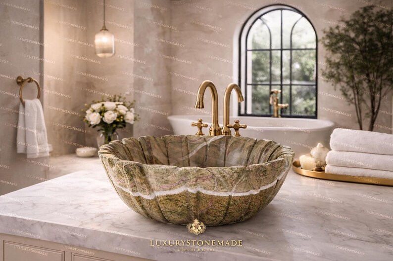 Luxury Green Marble Scalloped Sink Handmade Stone Vessel Bathroom Basin ...