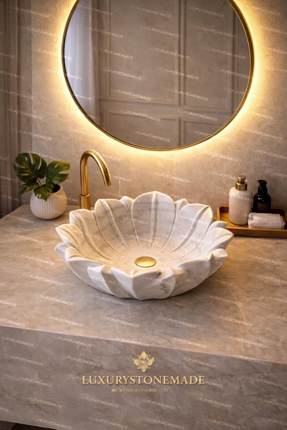 Luxury White Marble Lotus Sink Handmade Floral Bathroom Vanity Bowl Designer Stone Basin