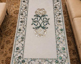 White Marble Coffee Table Top Mother Pearl Inlay Handmade 60x30 Luxury Decor Surface