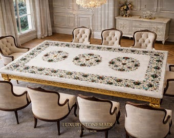 Luxury White Marble Inlay Tabletop Rectangular Pietra Dura Floral Handmade Designer Coffee Furniture