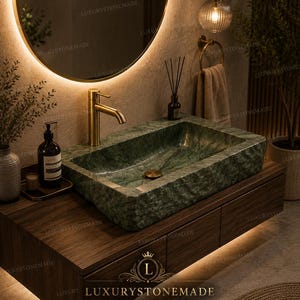 Lavabo rectangular de mármol verde Baroda hecho a mano, de lujo, para baño.