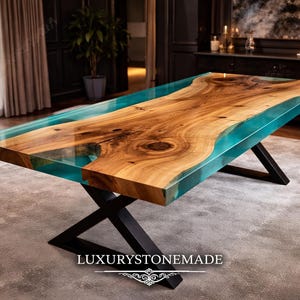 Teal Blue Epoxy Resin Wood Dining Table Custom Handmade Live Edge Table
