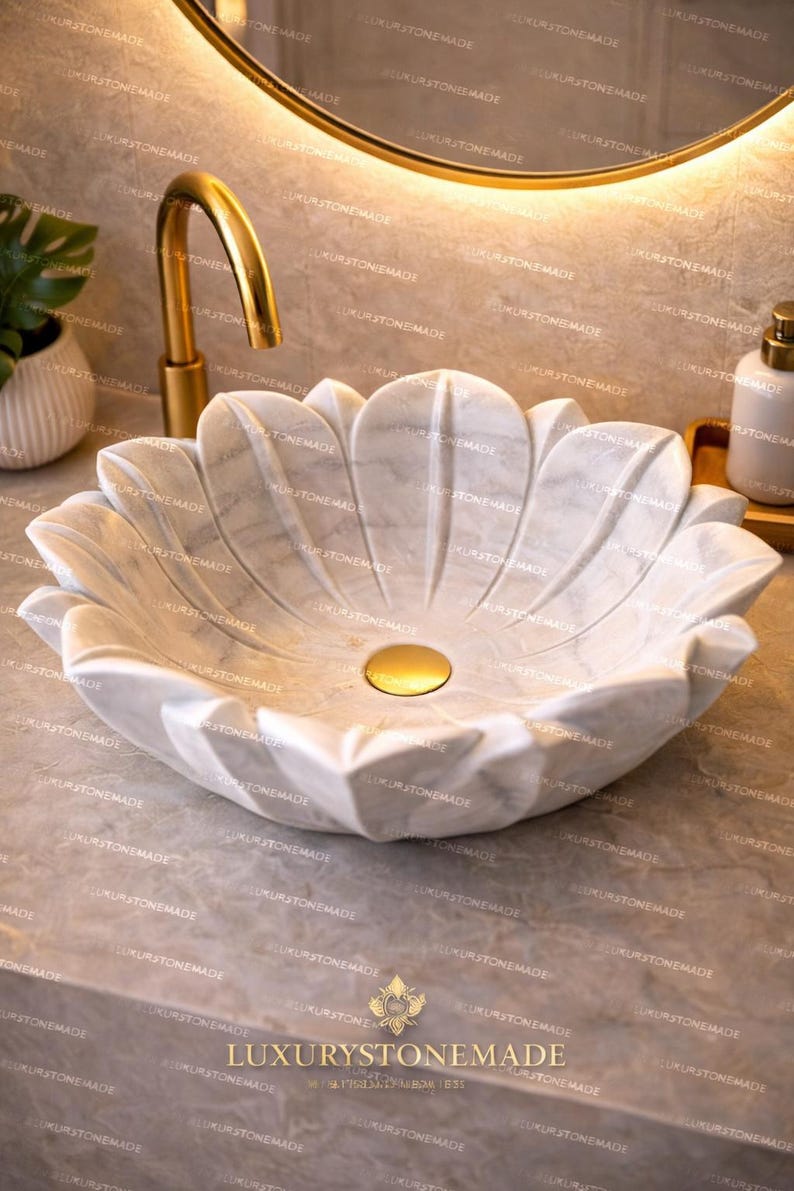 Luxus Weißer Marmor Lotus Sink Handgemachte Blumen Badezimmer Eitelkeit Schüssel Designer Stein Becken Bild 2