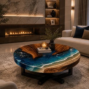 Mesa de centro con diseño de olas oceánicas en forma de corazón, hecha a mano con resina epoxi. Decoración costera playera.