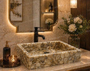 Lavabo de ágata natural hecho a mano, lavabo de piedra de lujo para baño, decoración de tocador única