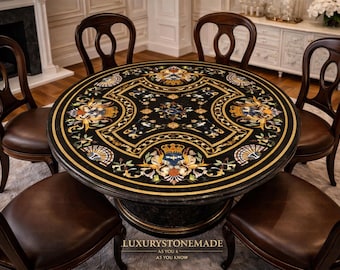 Luxury Black Marble Pietra Dura Tabletop Handmade Floral Inlay Dining Designer Furniture Art