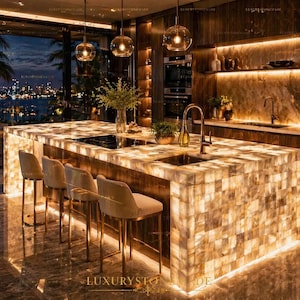 May include: A luxurious kitchen island with a backlit, mosaic-style countertop. Four beige bar stools with gold legs are positioned in front. The kitchen features dark wood cabinetry, pendant lights, and a view of a city skyline at night. The text "LUXURYSTONE DE" is visible.