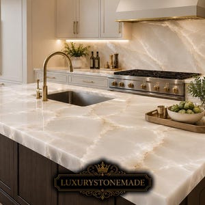 May include: A kitchen island featuring a polished white onyx countertop with natural veining, a brass tap, and a stainless steel sink. The base is dark wood cabinetry. A wooden tray holds a bowl of artichokes. Text reads LUXURYSTONEMADE.