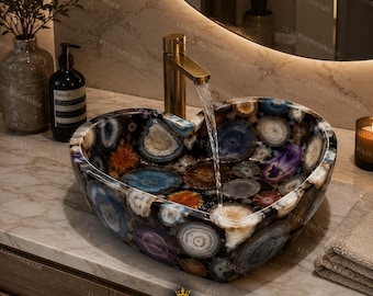 Lavabo de piedra de ágata natural, lavabo de baño con piedras preciosas de colores, decoración de lujo
