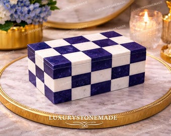 Handmade Marble Lapis Lazuli Inlay Trinket Box: Pietra Dura Jewelry Storage Keepsake Decor