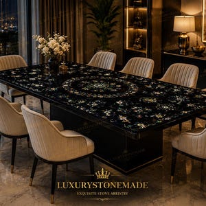 Tablero de mesa rectangular de mármol negro con incrustaciones florales, decoración de lujo hecha a mano para comedor.
