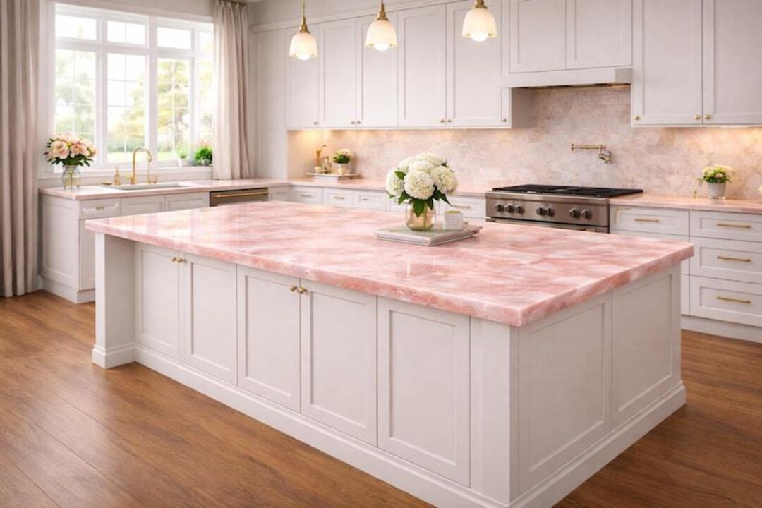 Custom Rose Quartz Kitchen Countertop Elegant Pink Gemstone Slab ...