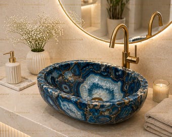 Handgefertigt Blau Achat Waschbecken Waschtisch Waschtisch Schüssel Luxus Badezimmer Küche Dekoration