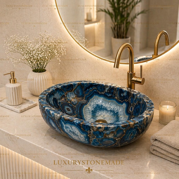 Handmade Blue Agate Wash Basin Vanity Countertop Sink Bowl Luxury Bathroom Kitchen Decor