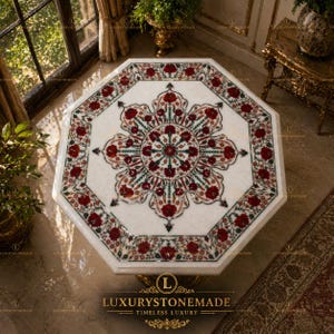 Octagon White Marble Side Table Carnelian Inlay Handmade Accent Luxury Stone Furniture Piece
