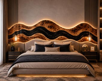 Handgemaakt houten hoofdeinde met live-rand: modern slaapkamermeubilair zwartgoud epoxy-rivier