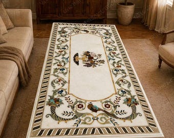 White Marble Dining Table Top Pietra Dura Inlay Art Handmade 6x3 Luxury Decor