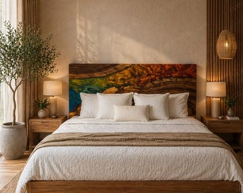 Personalisierte Live Edge Holz Blau Epoxidharz Kopfteil Benutzerdefinierte Fluss Bedhead Wanddekor