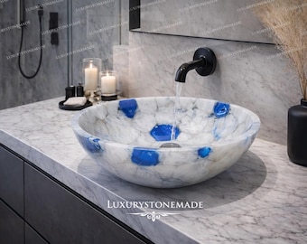 Blauwe witte agaat wastafel wastafel handgemaakte edelsteen badkamer wastafel gepolijst steen