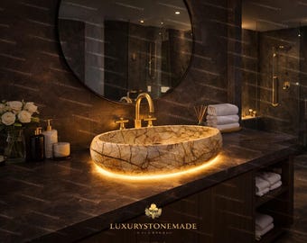 Luksusowa ręcznie robiona umywalka nablatowa z marmuru, naturalny kamień, designerska umywalka łazienkowa