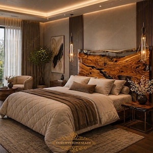 Live Edge Walnut Epoxy Headboard King Size Custom Bed Furniture Modern Biophilic Decor